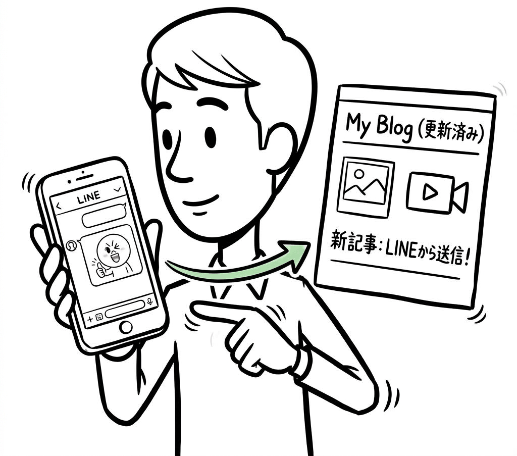 LINEで写真や動画を送ると、ホームページのブログに新しい記事が届く様子のイラスト